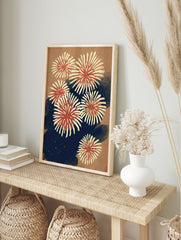 Traditional Japanese fireworks wall art print with red, cream, and blue bursts on a textured tan background. - Image 3