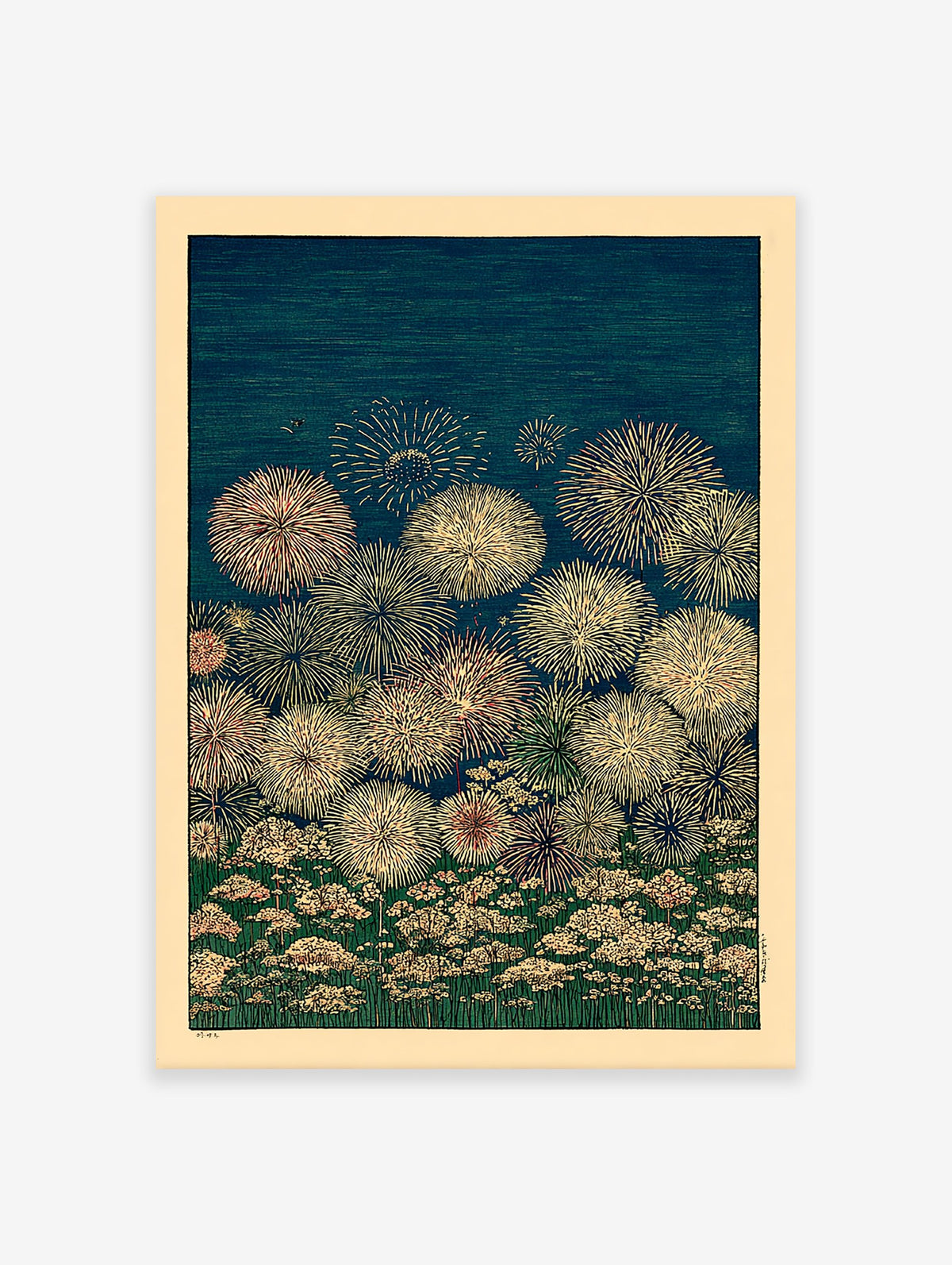 Japanese fireworks explode over a field of white and pink flowers at night, in an Ukiyo-e style botanical art print.