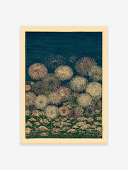 Japanese fireworks explode over a field of white and pink flowers at night, in an Ukiyo-e style botanical art print.