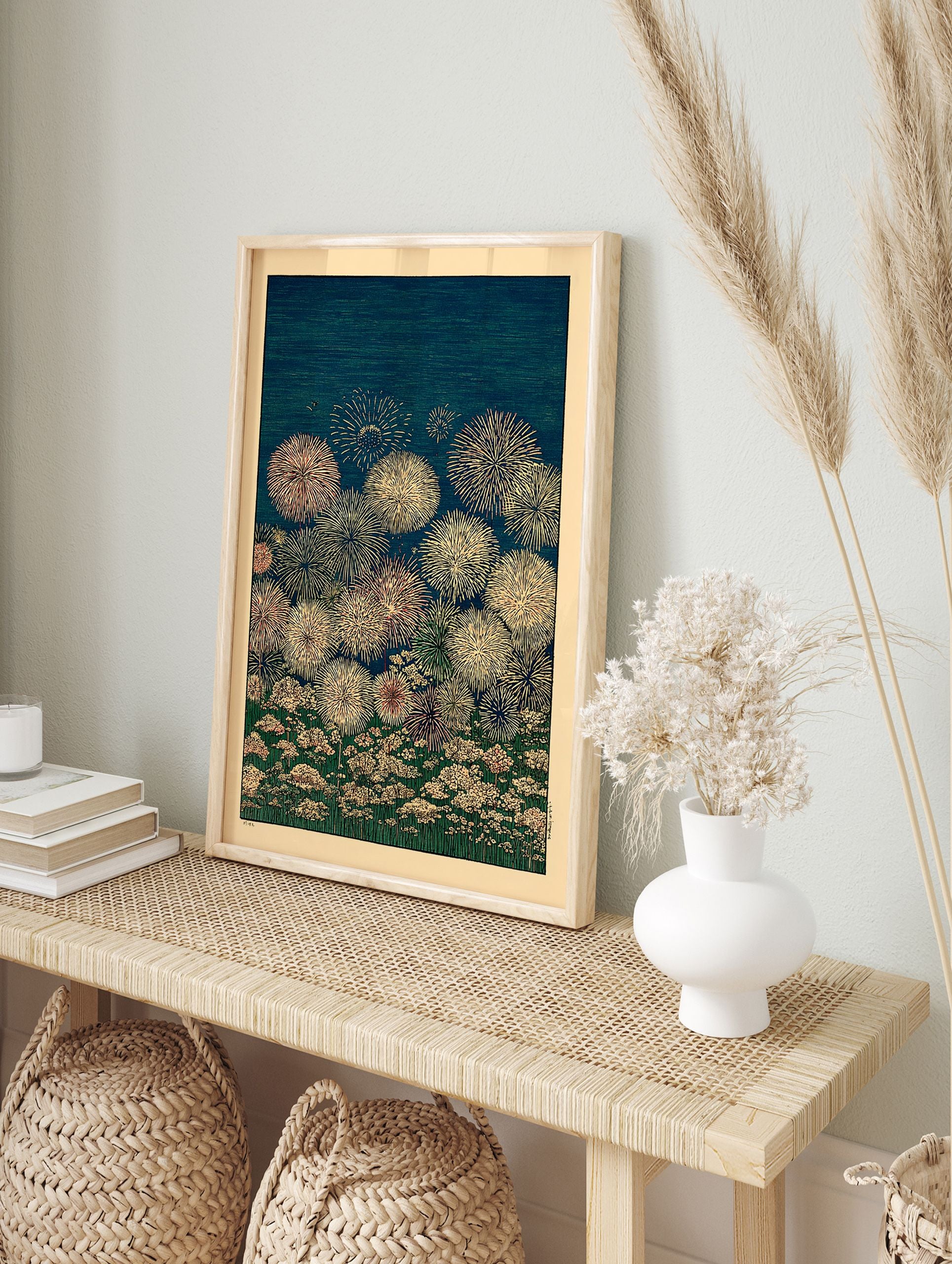 Japanese fireworks explode over a field of white and pink flowers at night, in an Ukiyo-e style botanical art print. - Image 3