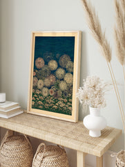 Japanese fireworks explode over a field of white and pink flowers at night, in an Ukiyo-e style botanical art print. - Image 3