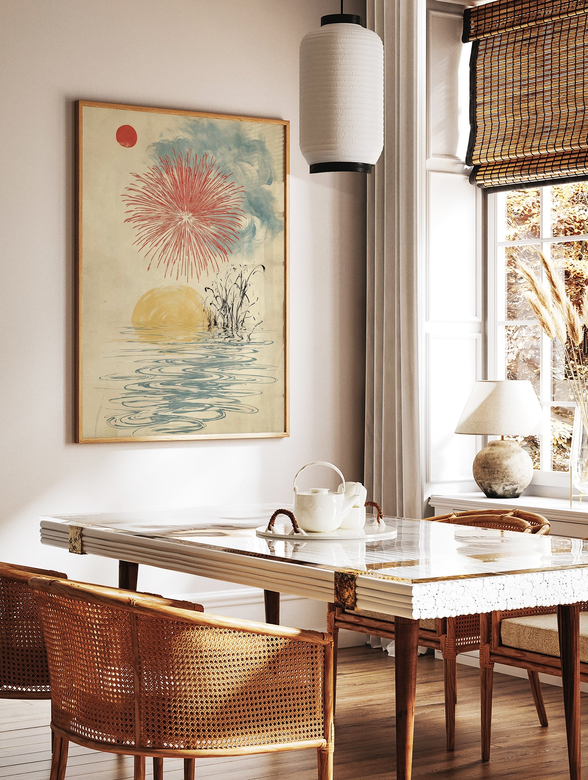 Japanese fireworks wall art with a red sun, red firework explosion, blue clouds, yellow water reflection, and reeds. - Image 2