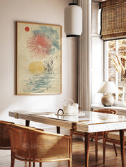 Japanese fireworks wall art with a red sun, red firework explosion, blue clouds, yellow water reflection, and reeds. - Image 2