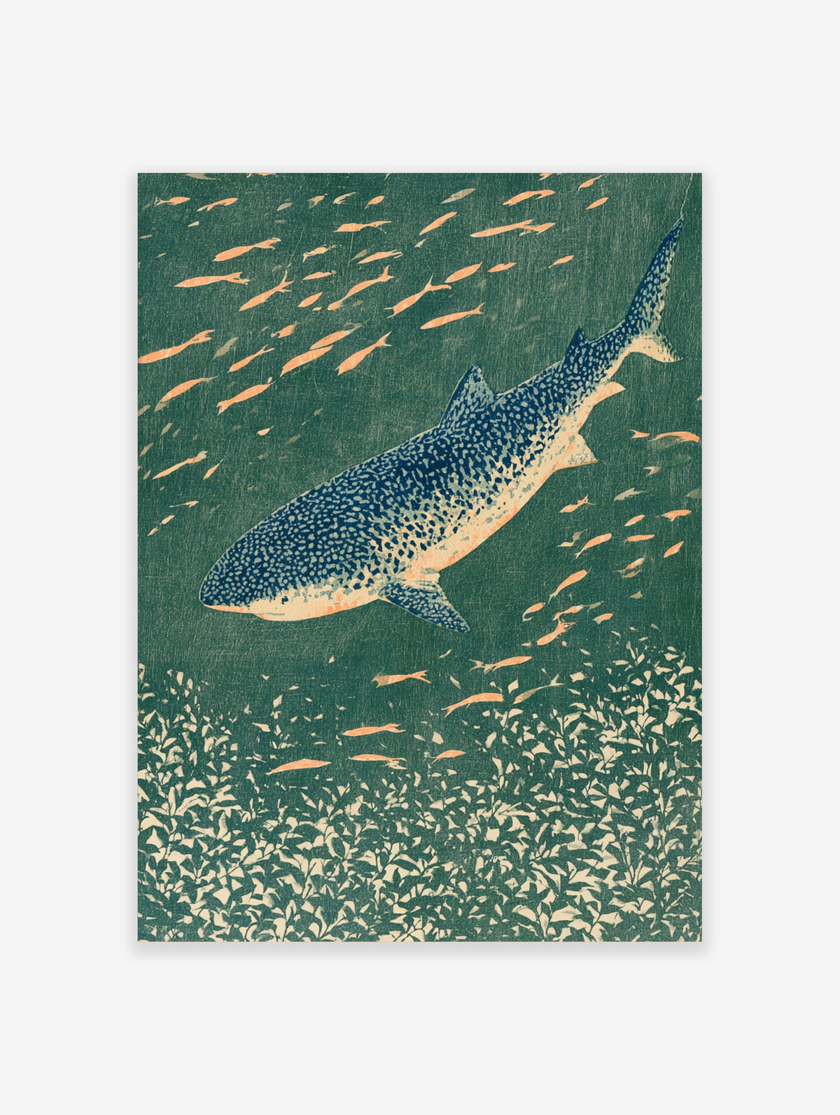 Japanese fish poster with a large speckled koi and small orange minnows over green water and aquatic plants