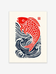 Japanese Fish Poster featuring a red carp jumping out of dark blue waves on an off-white background with a red seal.