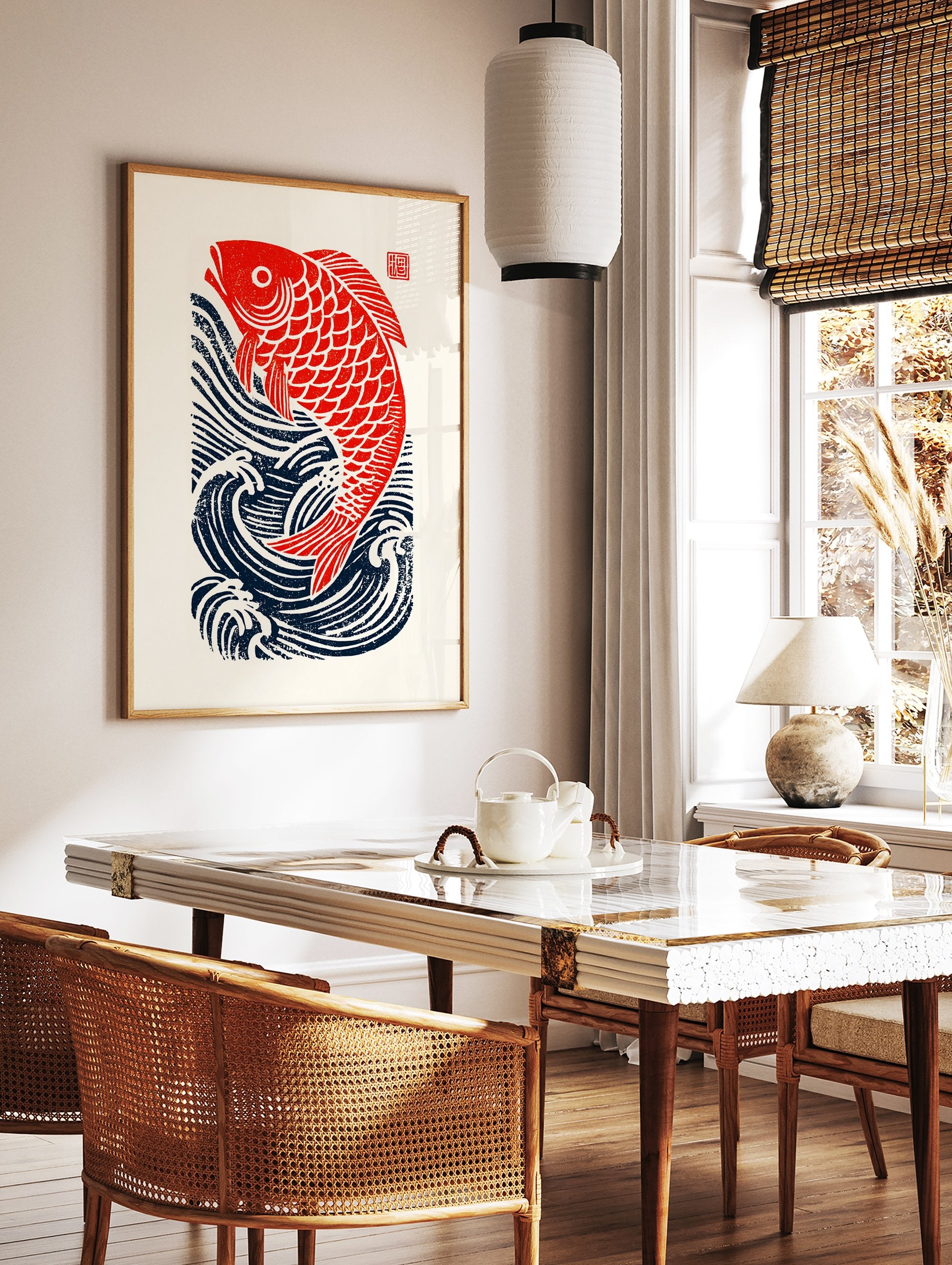 Japanese Fish Poster featuring a red carp jumping out of dark blue waves on an off-white background with a red seal. - Image 2