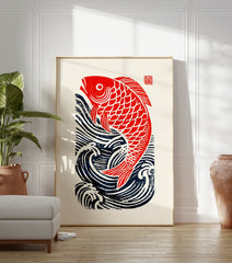 Japanese Fish Poster featuring a red carp jumping out of dark blue waves on an off-white background with a red seal. - Image 3