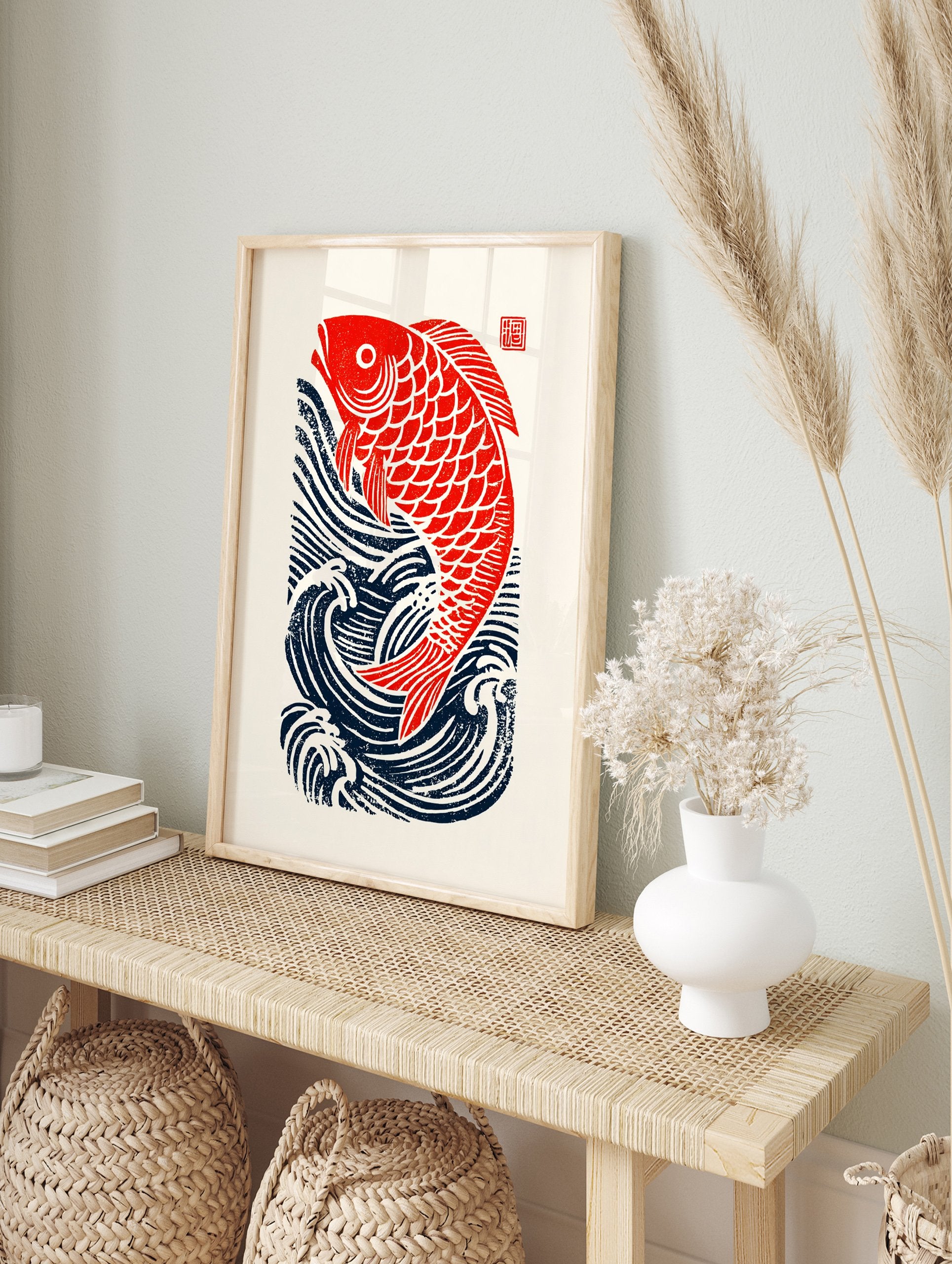Japanese Fish Poster featuring a red carp jumping out of dark blue waves on an off-white background with a red seal. - Image 4