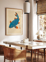 Blue and orange Japanese Koi fish woodblock art print with textured background and red artist's seal. - Image 2