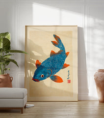 Blue and orange Japanese Koi fish woodblock art print with textured background and red artist's seal. - Image 3