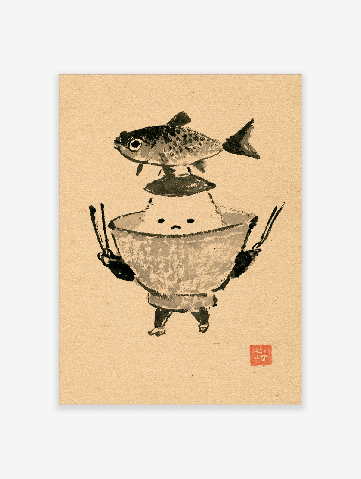 Sumi-e fish print balanced on rice bowl with chopsticks and red seal on beige paper