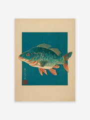 Traditional Japanese woodblock print featuring a vibrant blue fish with a red eye and orange fins, set against a deep teal background.