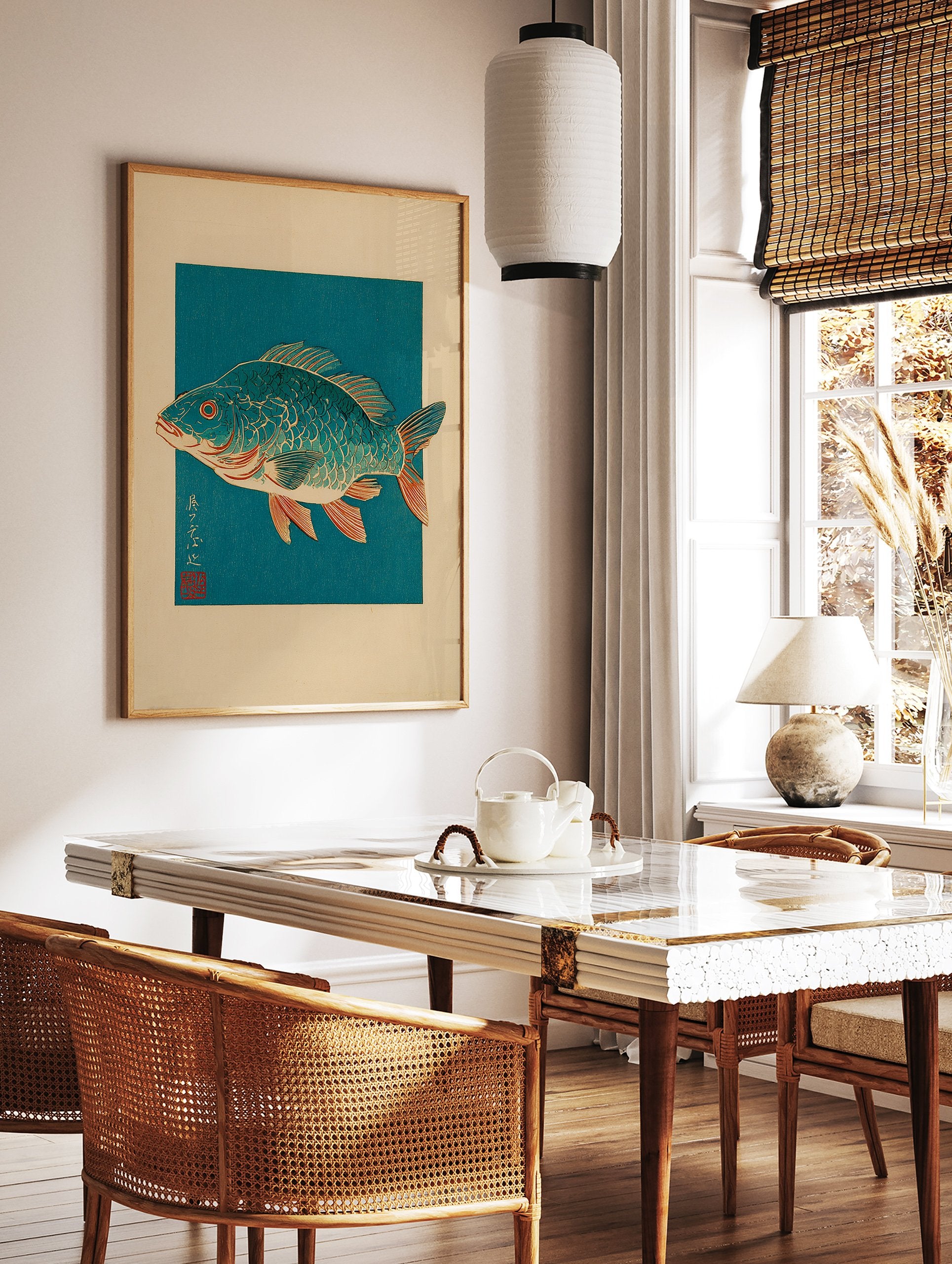 Traditional Japanese woodblock print featuring a vibrant blue fish with a red eye and orange fins, set against a deep teal background. - Image 2