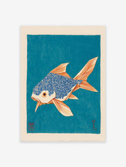 Japanese fish wall art print featuring a stylized blue and orange fish on a teal background in a woodblock style.