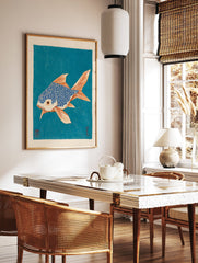 Japanese fish wall art print featuring a stylized blue and orange fish on a teal background in a woodblock style. - Image 2
