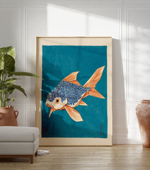 Japanese fish wall art print featuring a stylized blue and orange fish on a teal background in a woodblock style. - Image 3