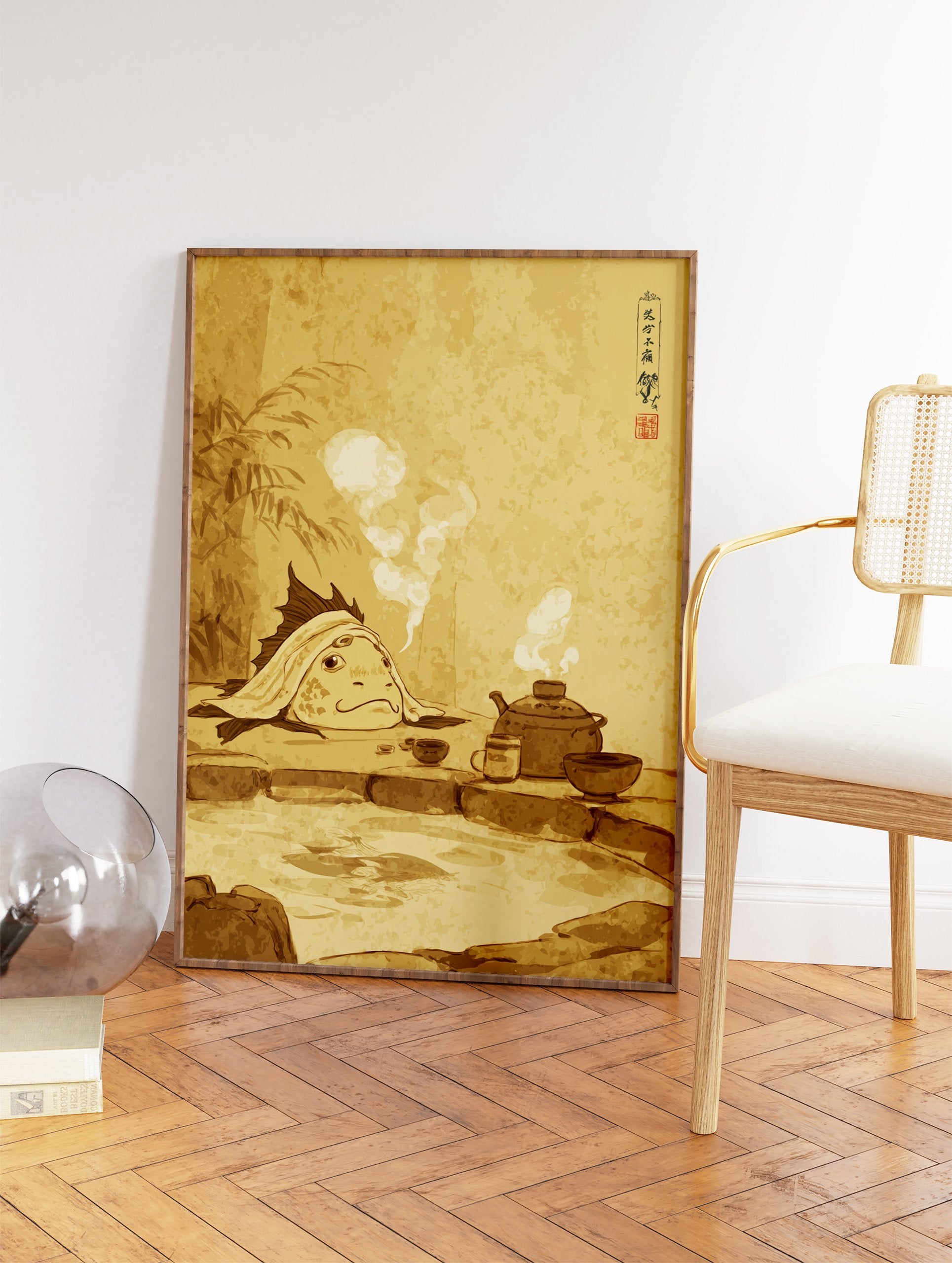 Japanese fish creature relaxing in a hot spring with a towel, teapot, and cups, in a vintage sepia illustration. - Image 2