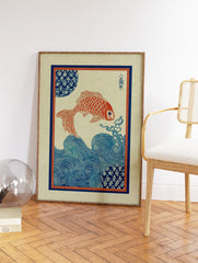 Japanese style art print with a red fish swimming above blue swirling waves and decorative patterns. - Image 2