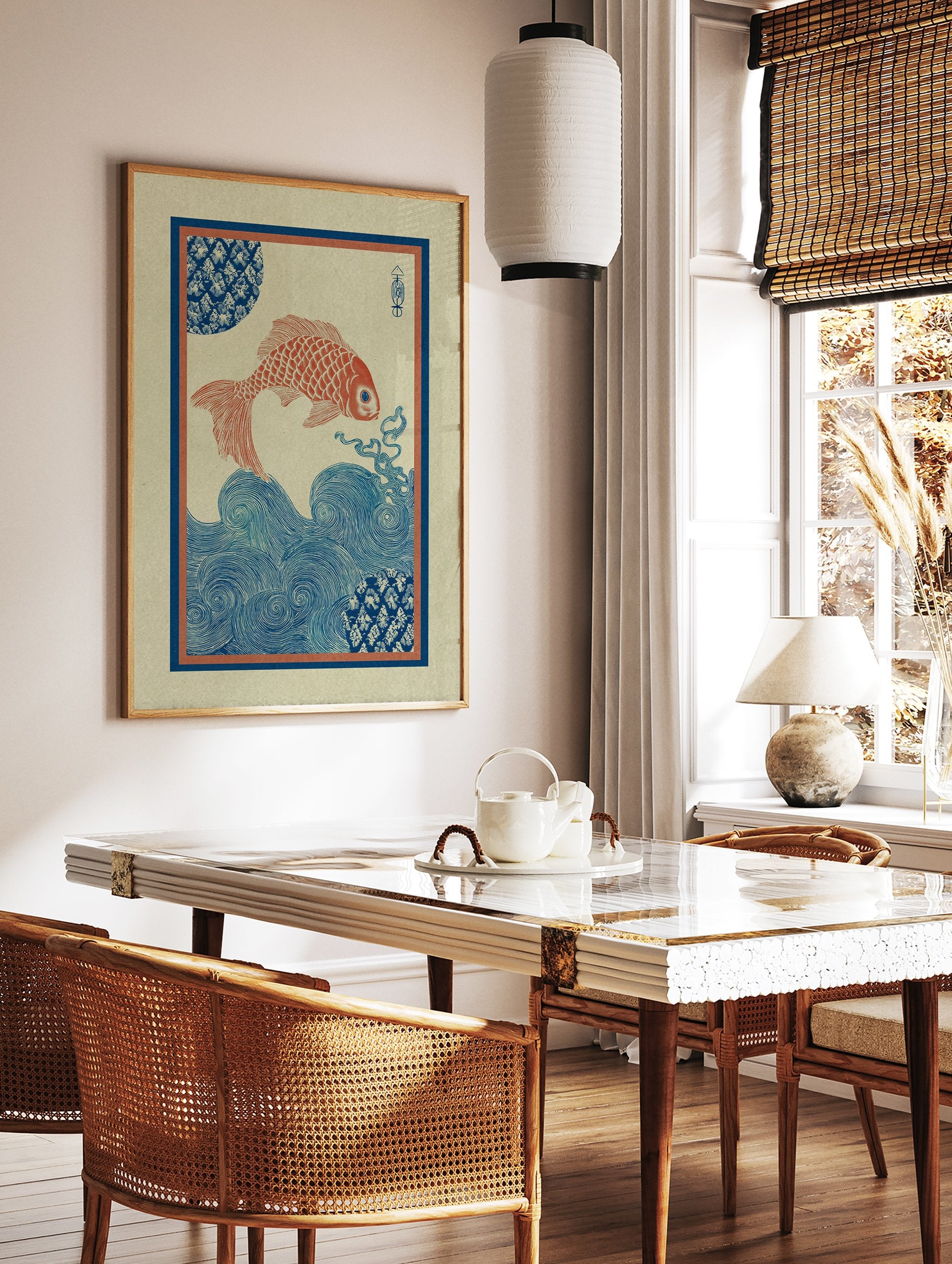 Japanese style art print with a red fish swimming above blue swirling waves and decorative patterns. - Image 3