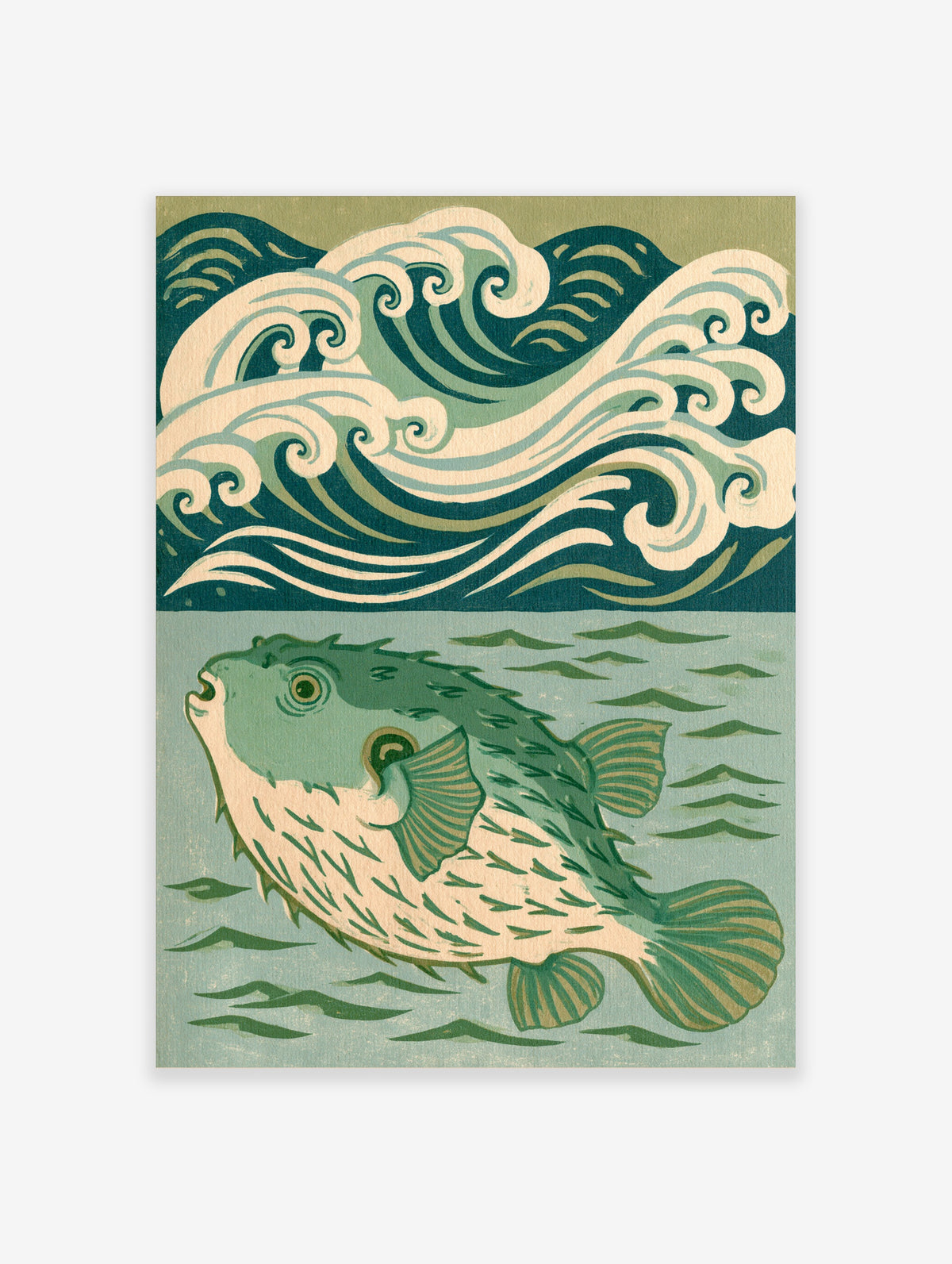 Japanese ukiyo-e style art print of a green fish with stylised waves in cream and teal