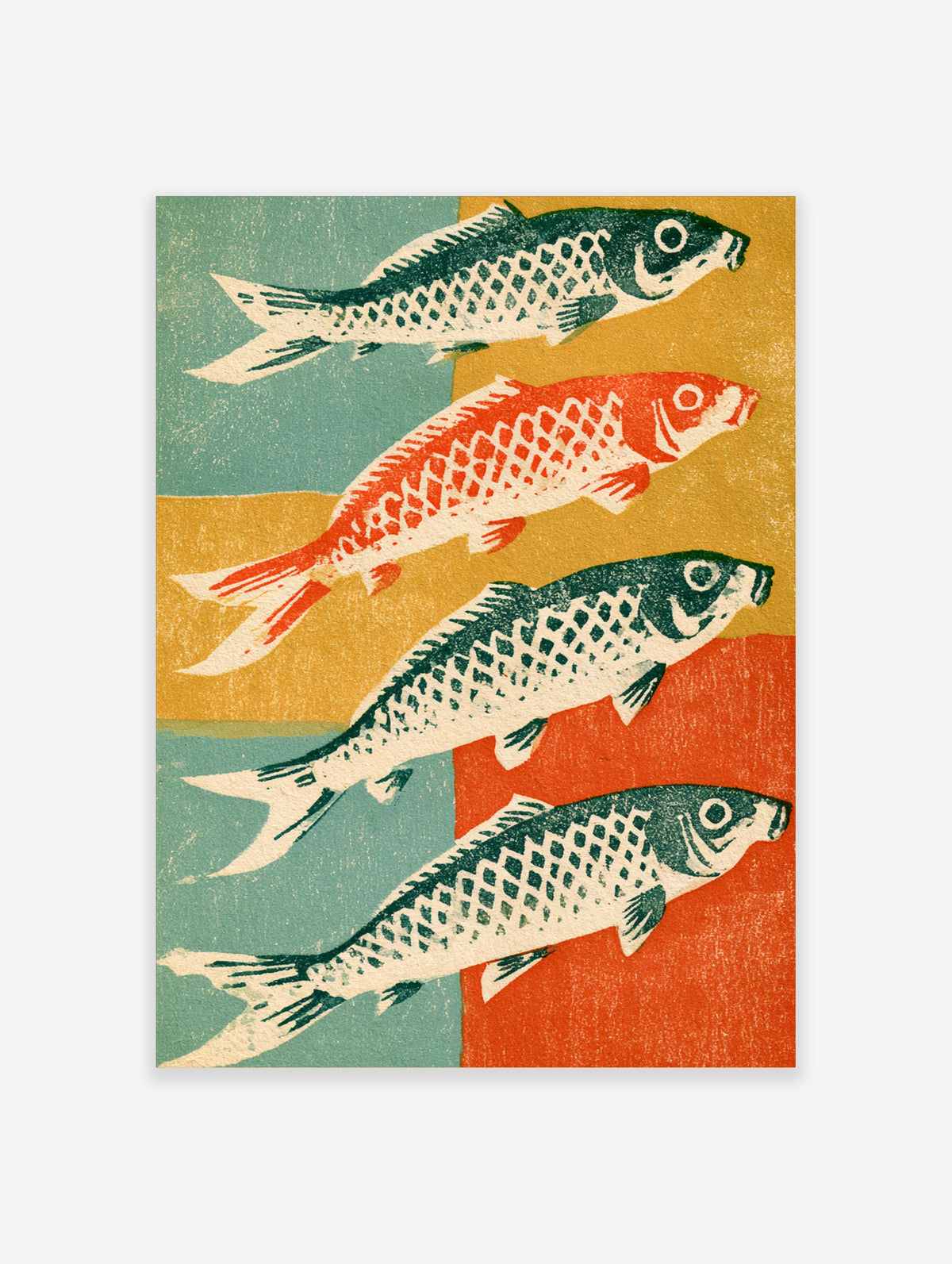 Japanese woodblock print of four koi carp with teal and red scales on a colour-blocked background