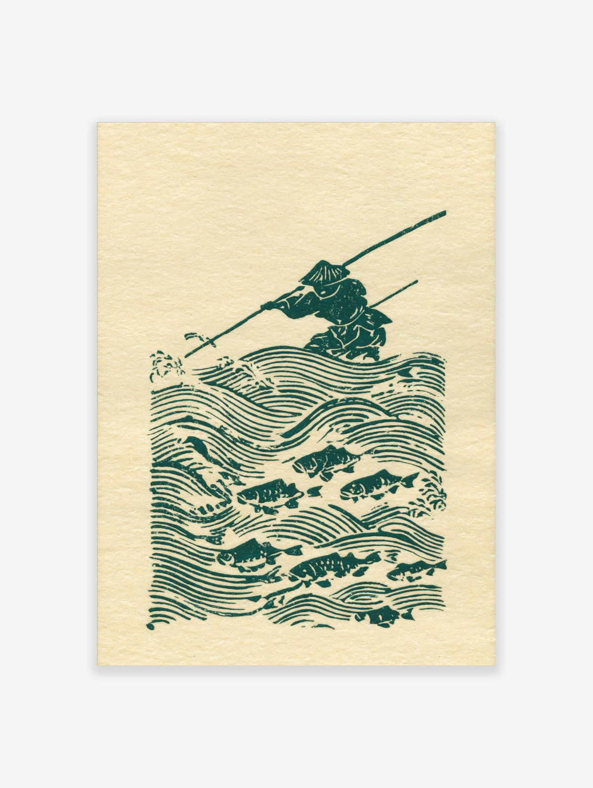 Green woodblock print of a Japanese fisherman in a conical hat, spearing fish in stylised waves