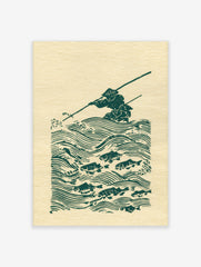 Green woodblock print of a Japanese fisherman in a conical hat, spearing fish in stylised waves