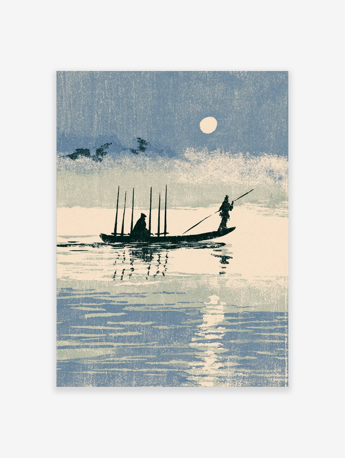 Minimalist Japanese fisherman in boat with tall poles and moon over blue water art print