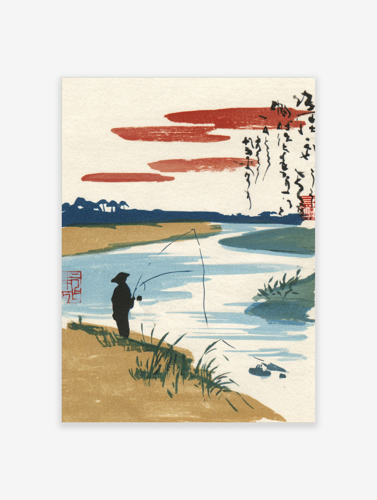 Minimalist Japanese fisherman poster with angler, blue river, red sky bands, and calligraphy