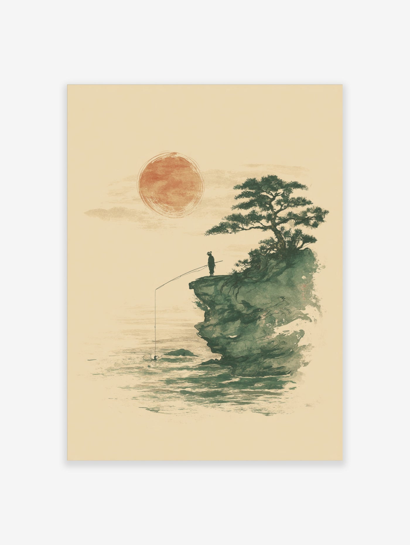 Japanese watercolour print of a fisherman on a cliff with a pine tree and red sun