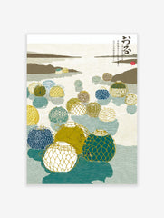 Illustrative Japanese fishing floats with netting in blue, green, and yellow on calm water with distant land and kanji