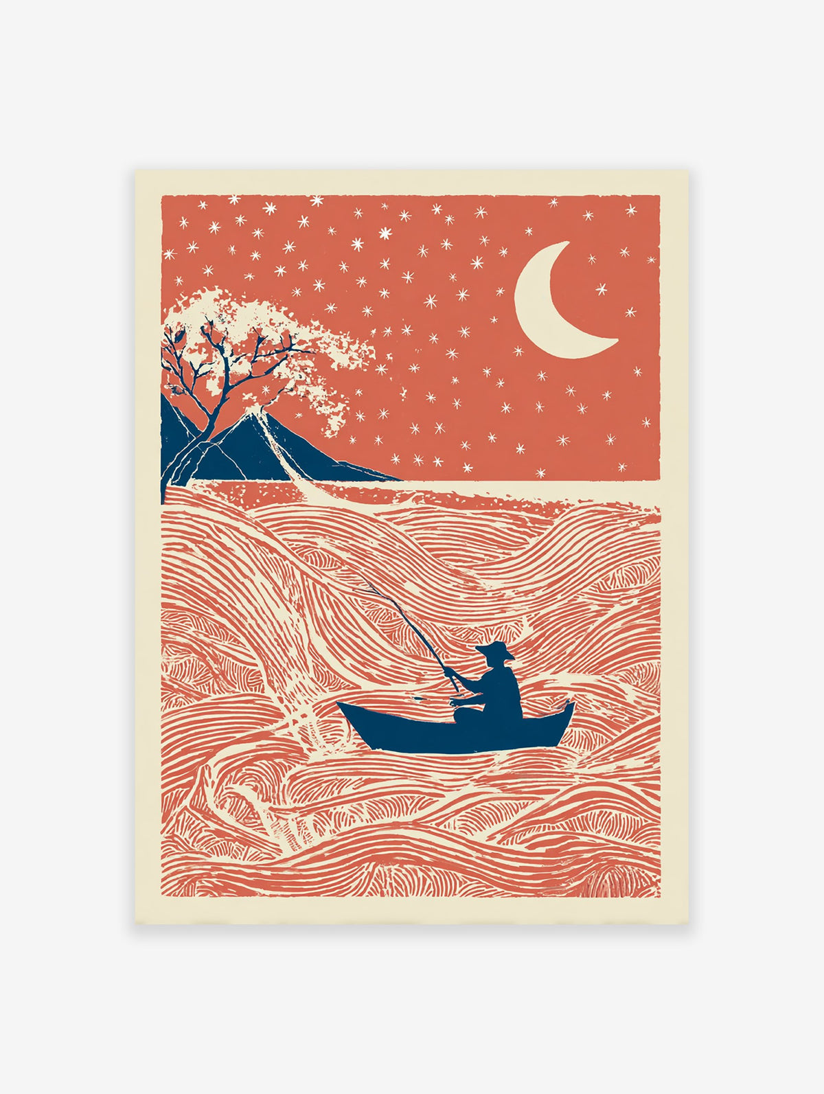 Japanese Fishing Wall Art showing a lone fisherman in a boat on red waves under a starry red sky with a moon and mountains.