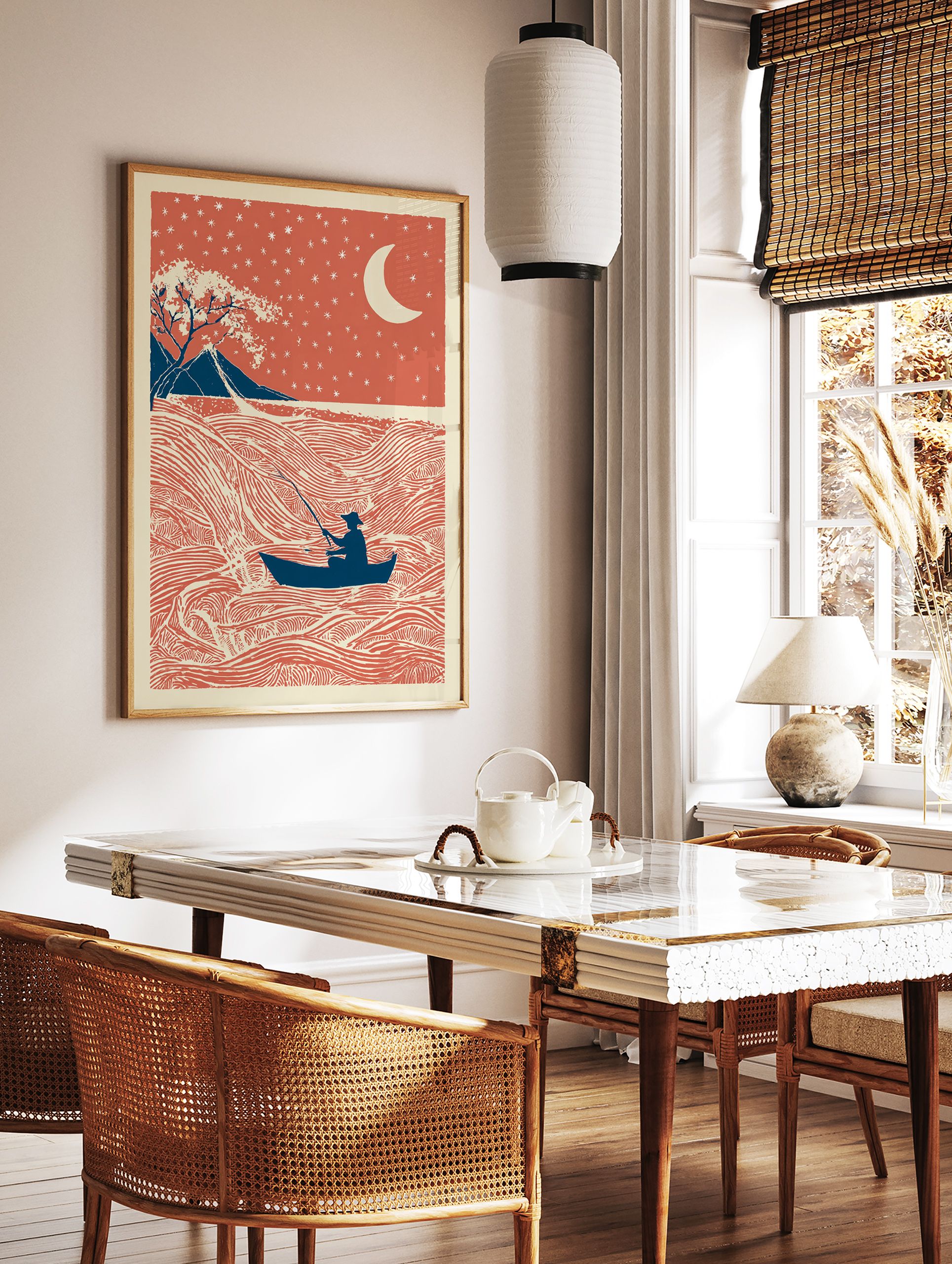 Japanese Fishing Wall Art showing a lone fisherman in a boat on red waves under a starry red sky with a moon and mountains. - Image 2