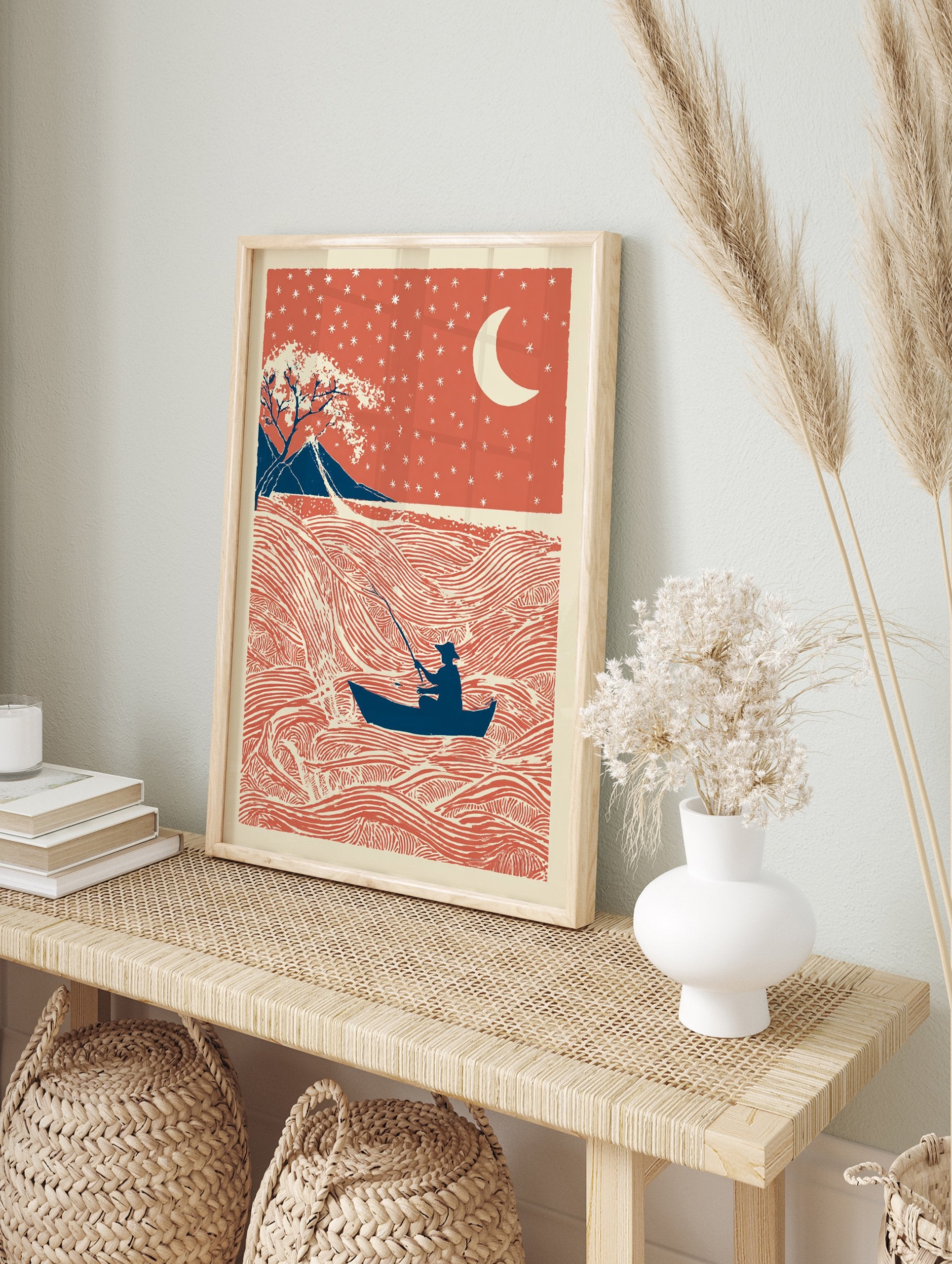 Japanese Fishing Wall Art showing a lone fisherman in a boat on red waves under a starry red sky with a moon and mountains. - Image 3