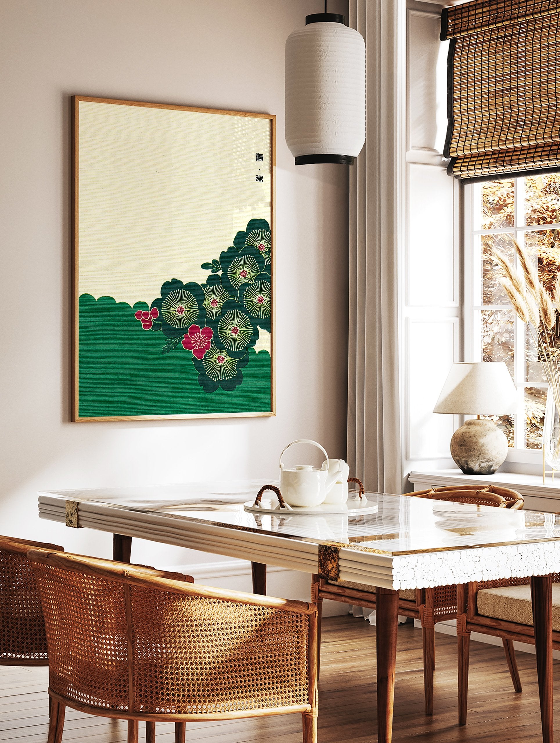 Japanese plum blossom floral art print with dark green and red flowers, on a textured yellow background with a green base. - Image 3