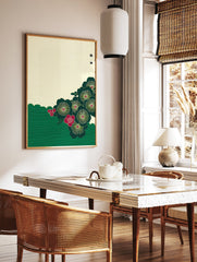 Japanese plum blossom floral art print with dark green and red flowers, on a textured yellow background with a green base. - Image 3