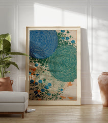 Japanese Floral poster featuring blue and green swirling patterns with delicate blue flowers and green leaves on a light background. - Image 3