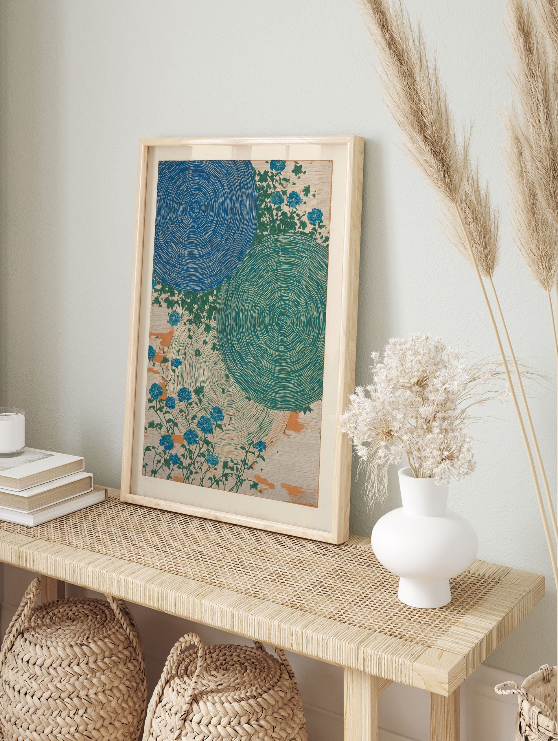 Japanese Floral poster featuring blue and green swirling patterns with delicate blue flowers and green leaves on a light background. - Image 4