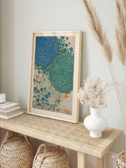 Japanese Floral poster featuring blue and green swirling patterns with delicate blue flowers and green leaves on a light background. - Image 4