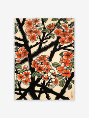 Japanese floral poster featuring vibrant orange blossoms, black branches, and green leaves in a traditional woodblock print style.
