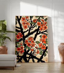 Japanese floral poster featuring vibrant orange blossoms, black branches, and green leaves in a traditional woodblock print style. - Image 3