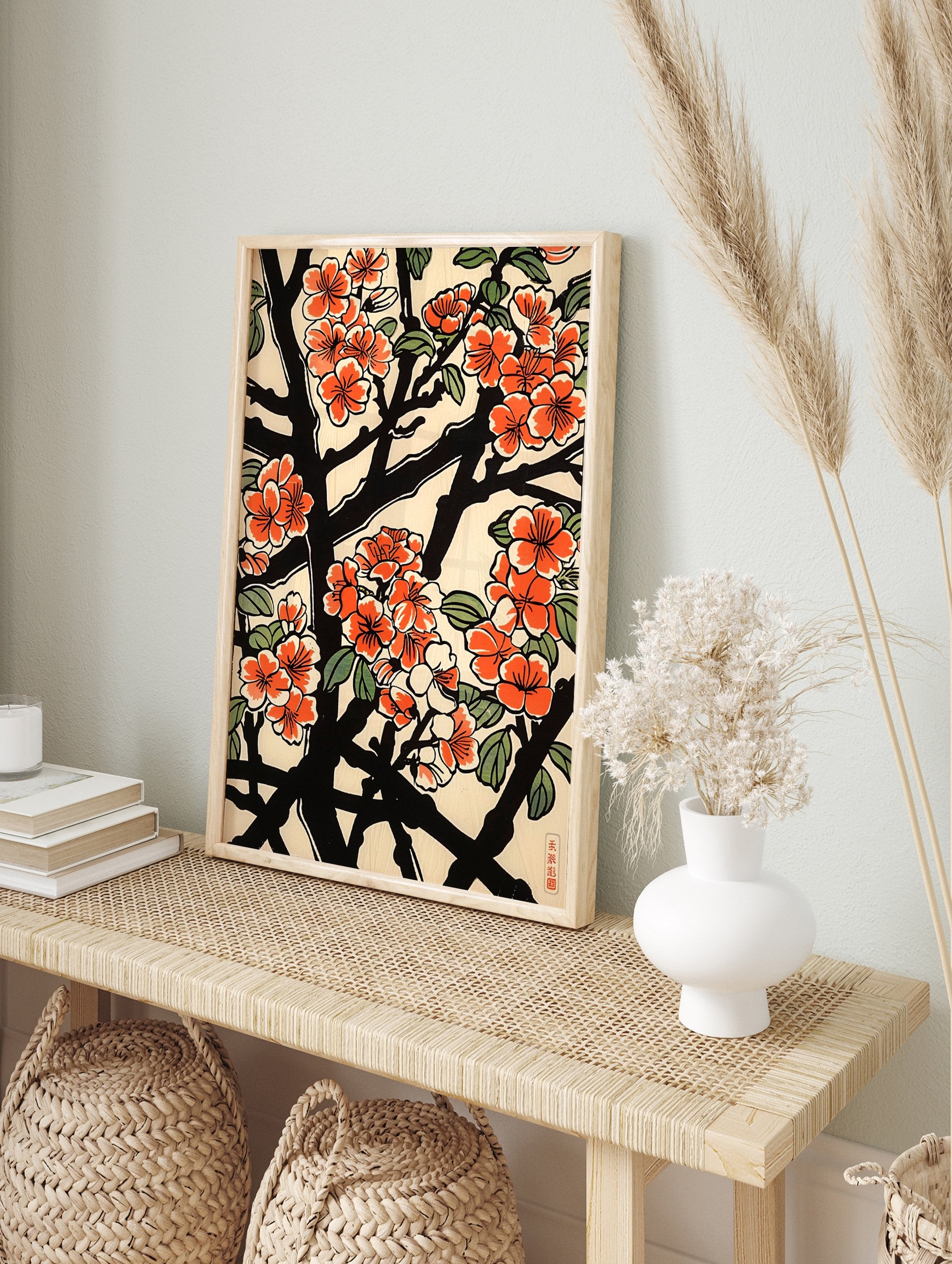 Japanese floral poster featuring vibrant orange blossoms, black branches, and green leaves in a traditional woodblock print style. - Image 4
