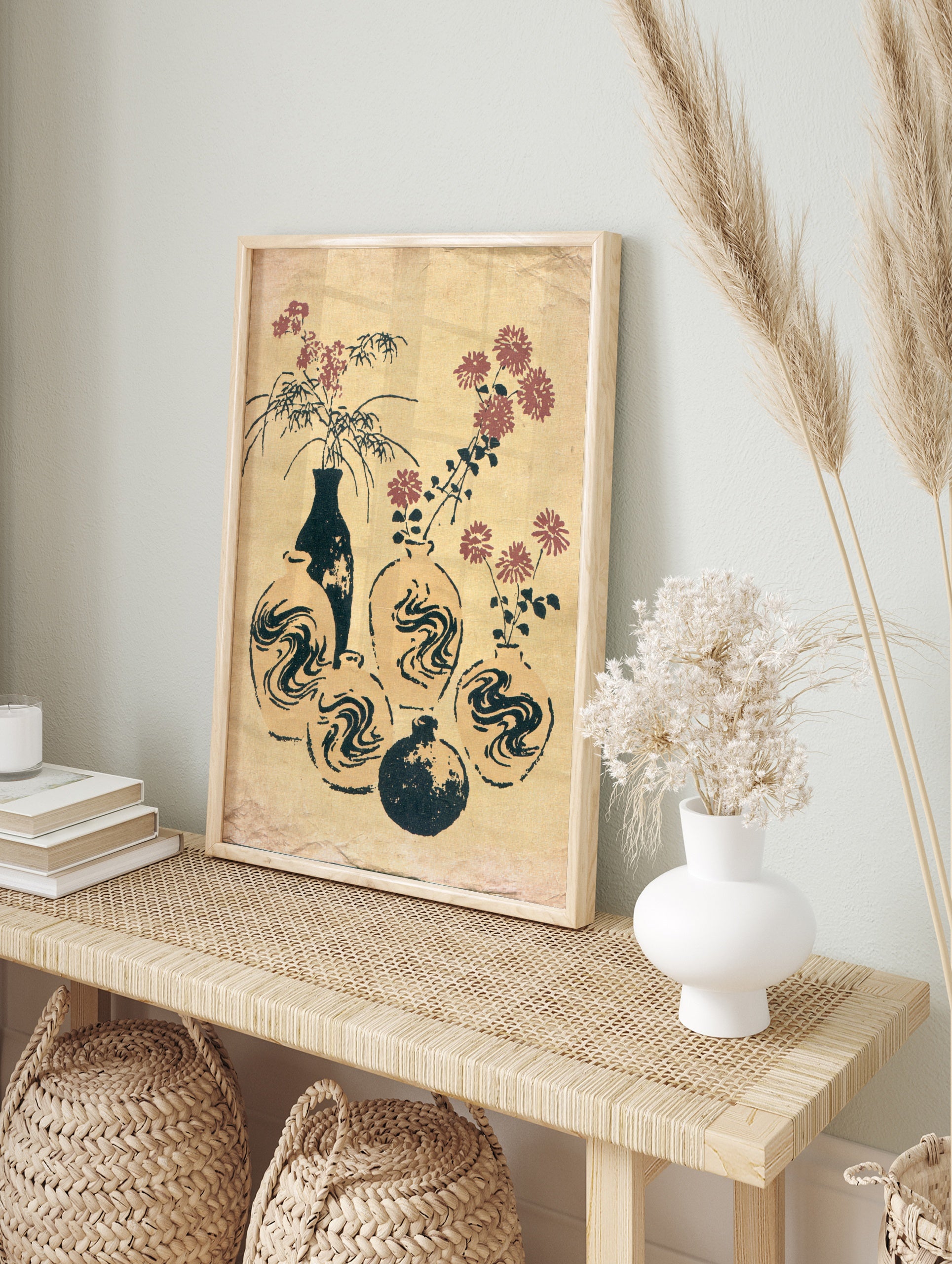 Japanese-style illustration of floral vases and abstract swirl patterns on a textured tan, in an alternate framed mockup