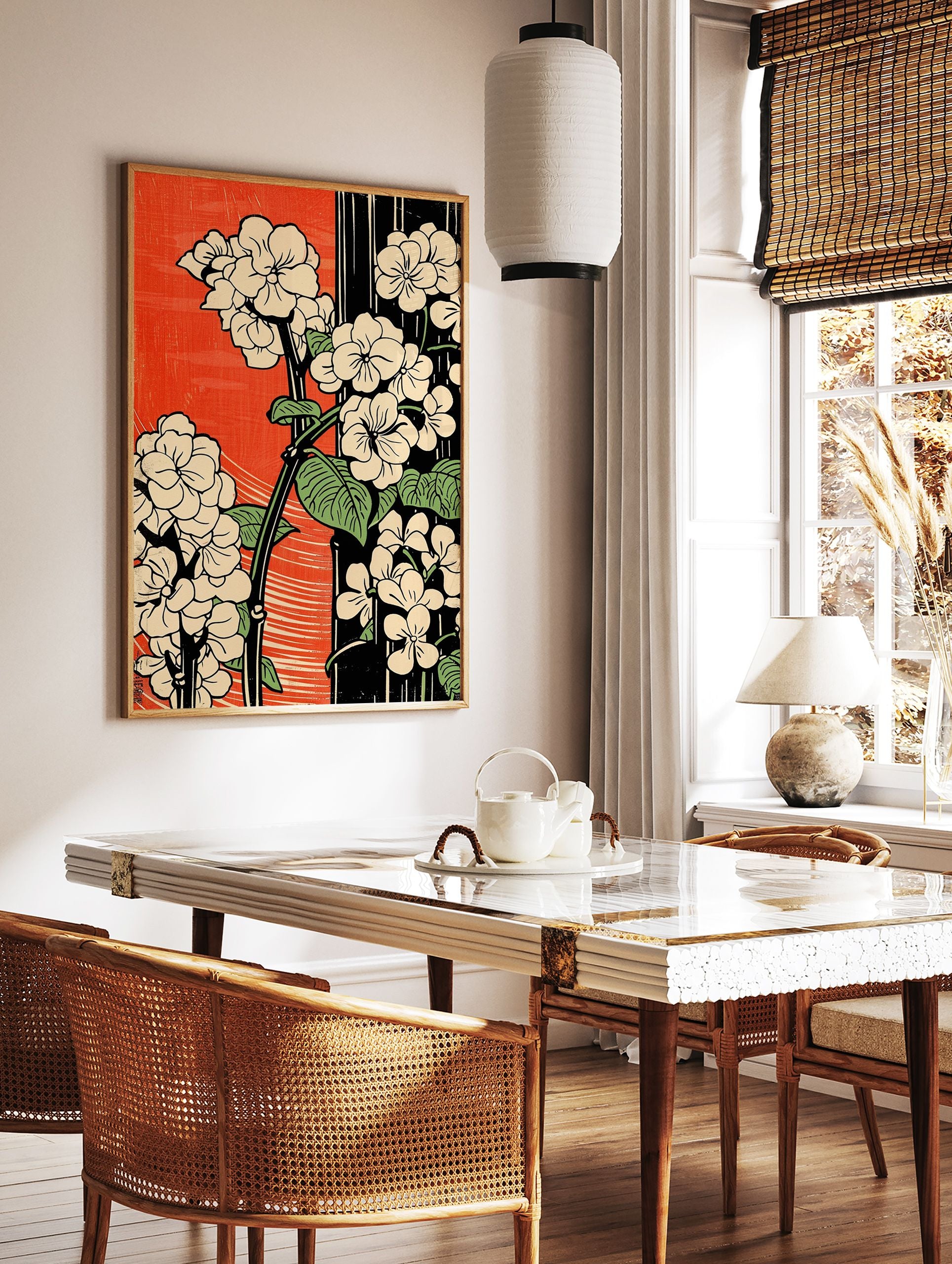 Japanese floral poster with cream flowers, green leaves, and black stems against a red and black striped background. - Image 2