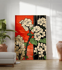 Japanese floral poster with cream flowers, green leaves, and black stems against a red and black striped background. - Image 3
