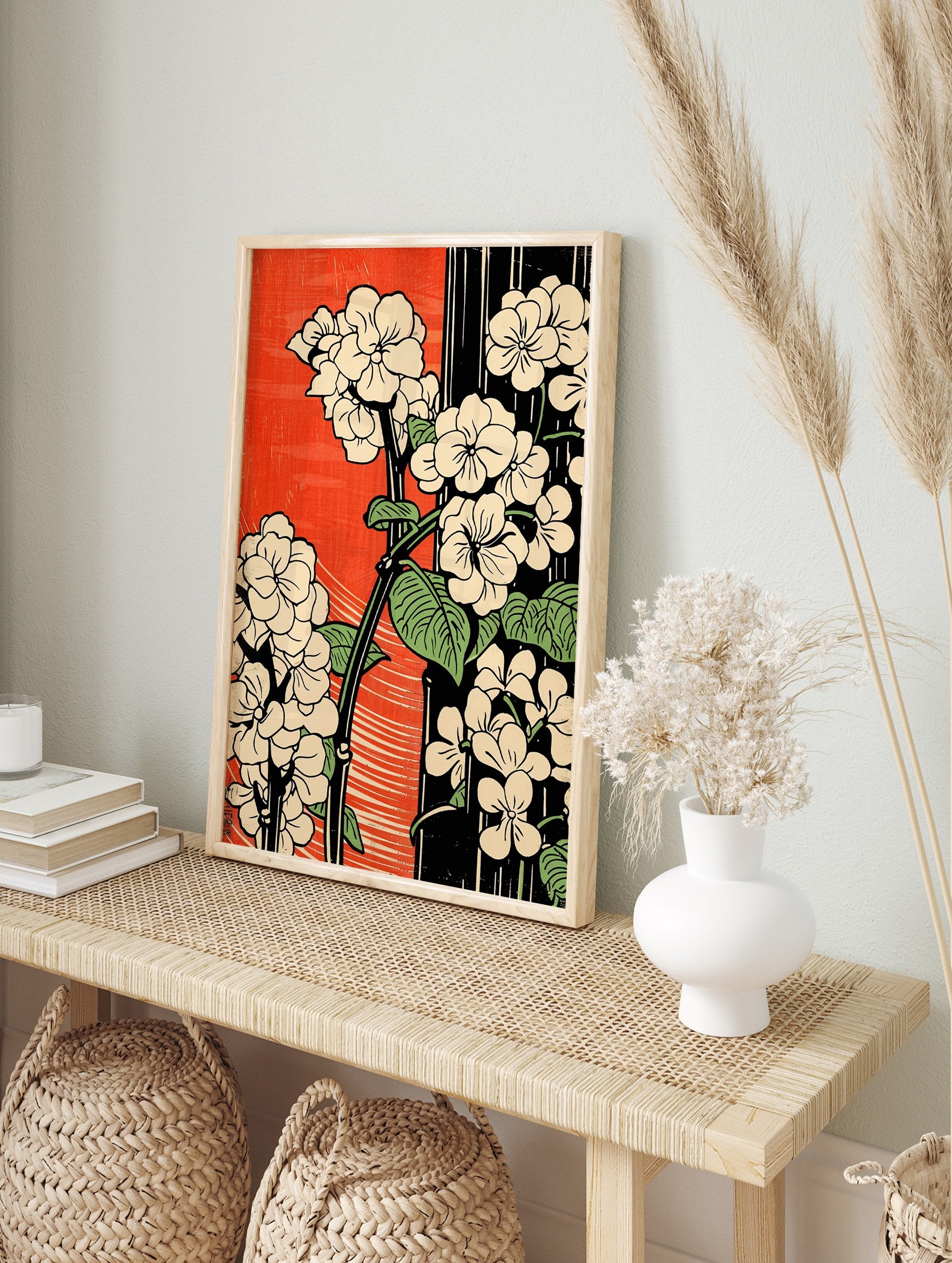 Japanese floral poster with cream flowers, green leaves, and black stems against a red and black striped background. - Image 4