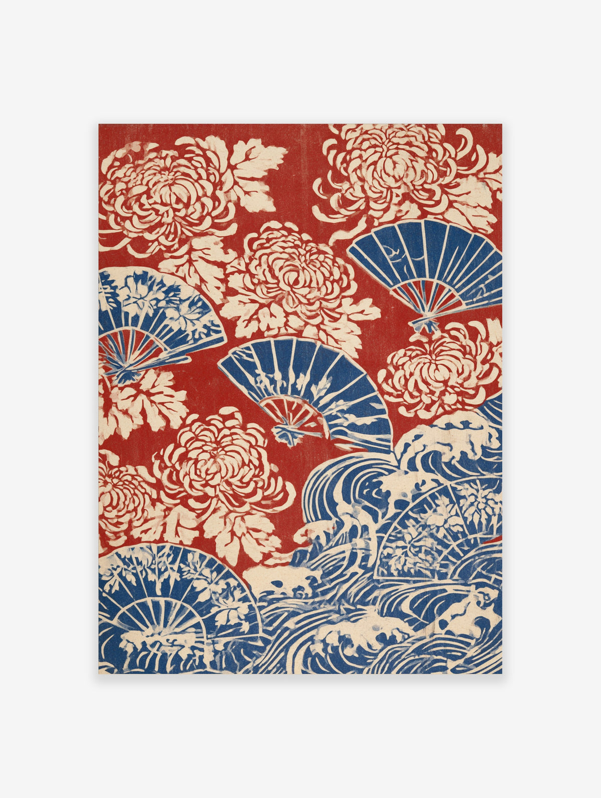 Japanese-style print with red background, blue folding fans, and cream-coloured chrysanthemum flowers and wave patterns