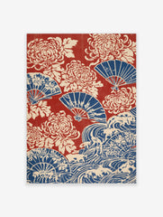 Japanese-style print with red background, blue folding fans, and cream-coloured chrysanthemum flowers and wave patterns