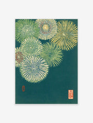 Japanese floral wall art print featuring stylized green, yellow, and red flowers on a dark teal background with artist seals.
