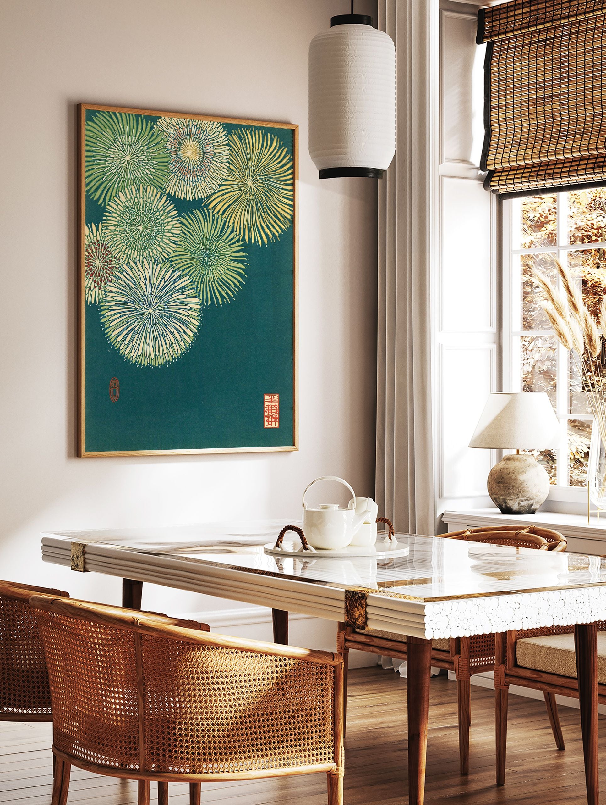 Japanese floral wall art print featuring stylized green, yellow, and red flowers on a dark teal background with artist seals. - Image 2